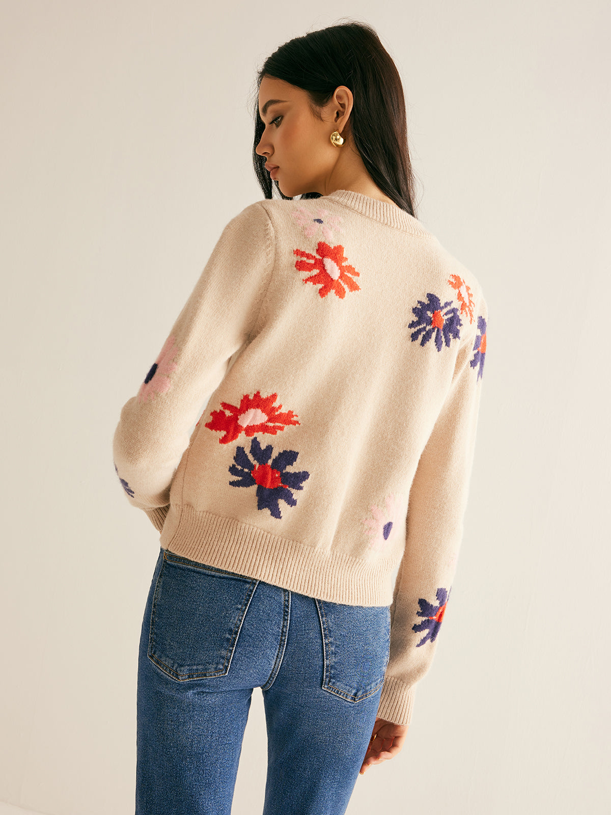 Floral Pattern Breasted Soft Cardigan-Chicvia