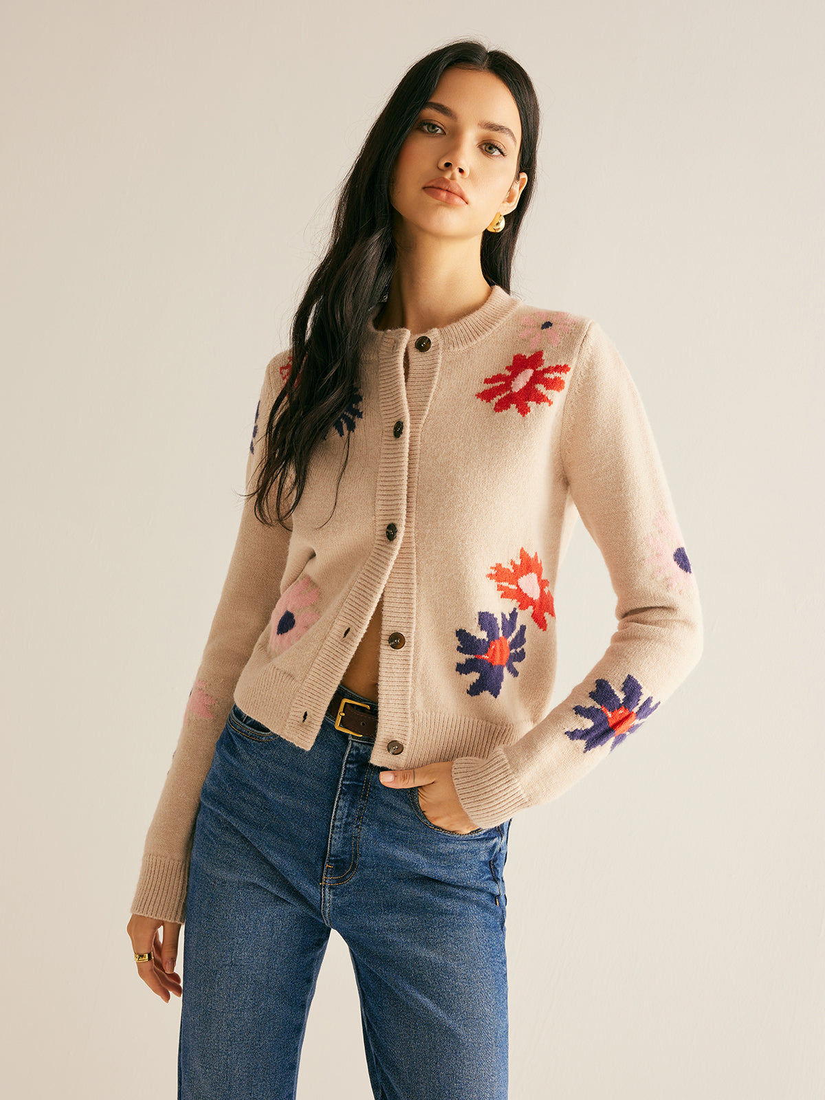 Floral Pattern Breasted Soft Cardigan-Chicvia