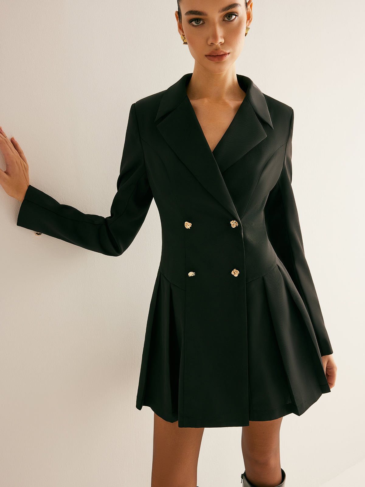Pleated Blazer Dress With Shoulder Pads-Chicvia