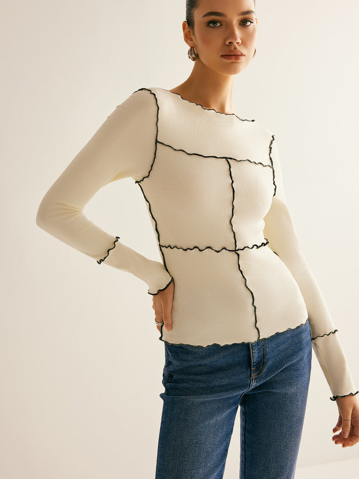 Lettuce Trim Long Sleeve Slim T-Shirt-Chicvia