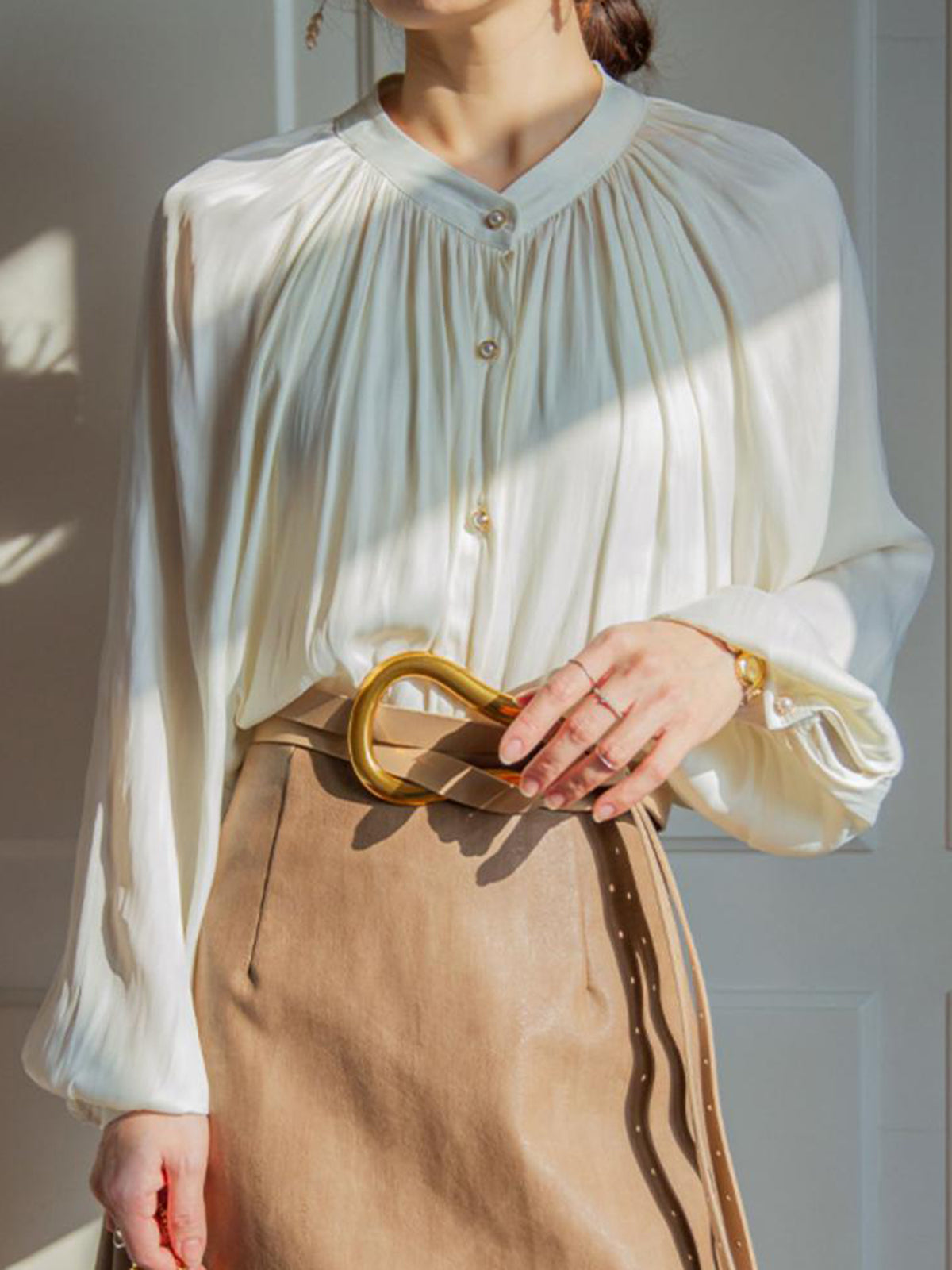 Pleated Collar Pearl Button Shirt-Chicvia