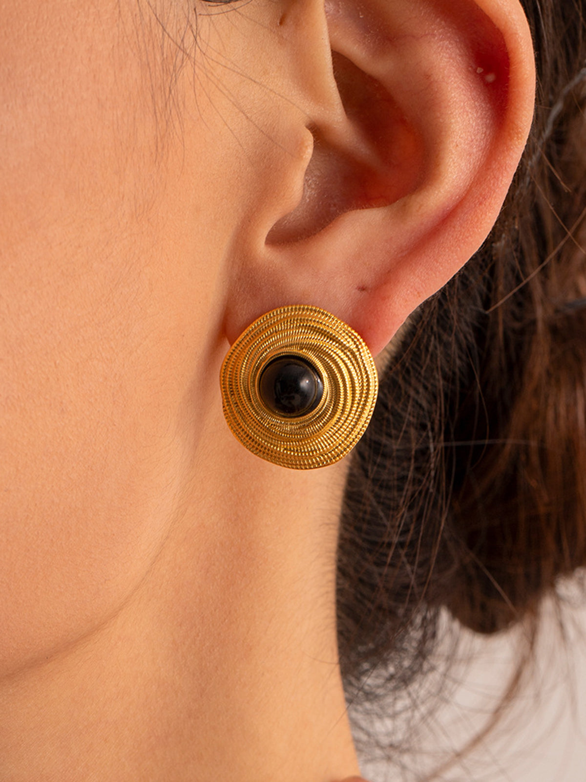 Golden Black Onyx Hoop Earrings-Chicvia