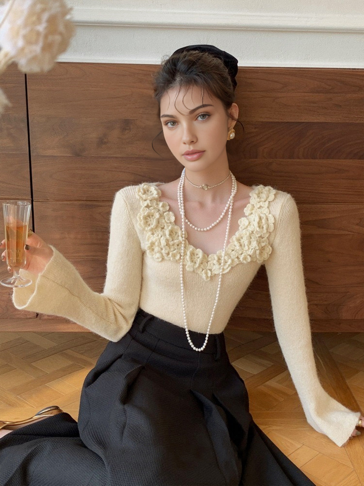 Floral Collar Ribbed Knit Top-Chicvia