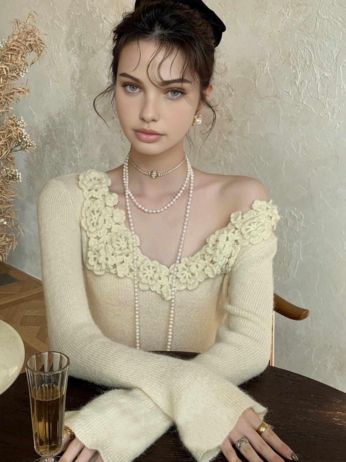 Floral Collar Ribbed Knit Top-Chicvia