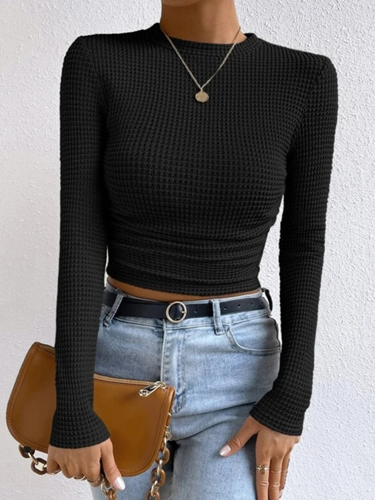 Plain Waffle Slim Sweater-Chicvia
