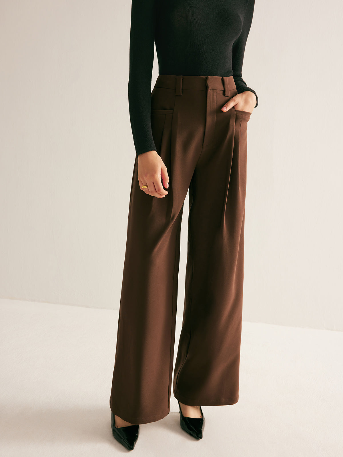 Casual Pleated Mid Waist Pants-Chicvia