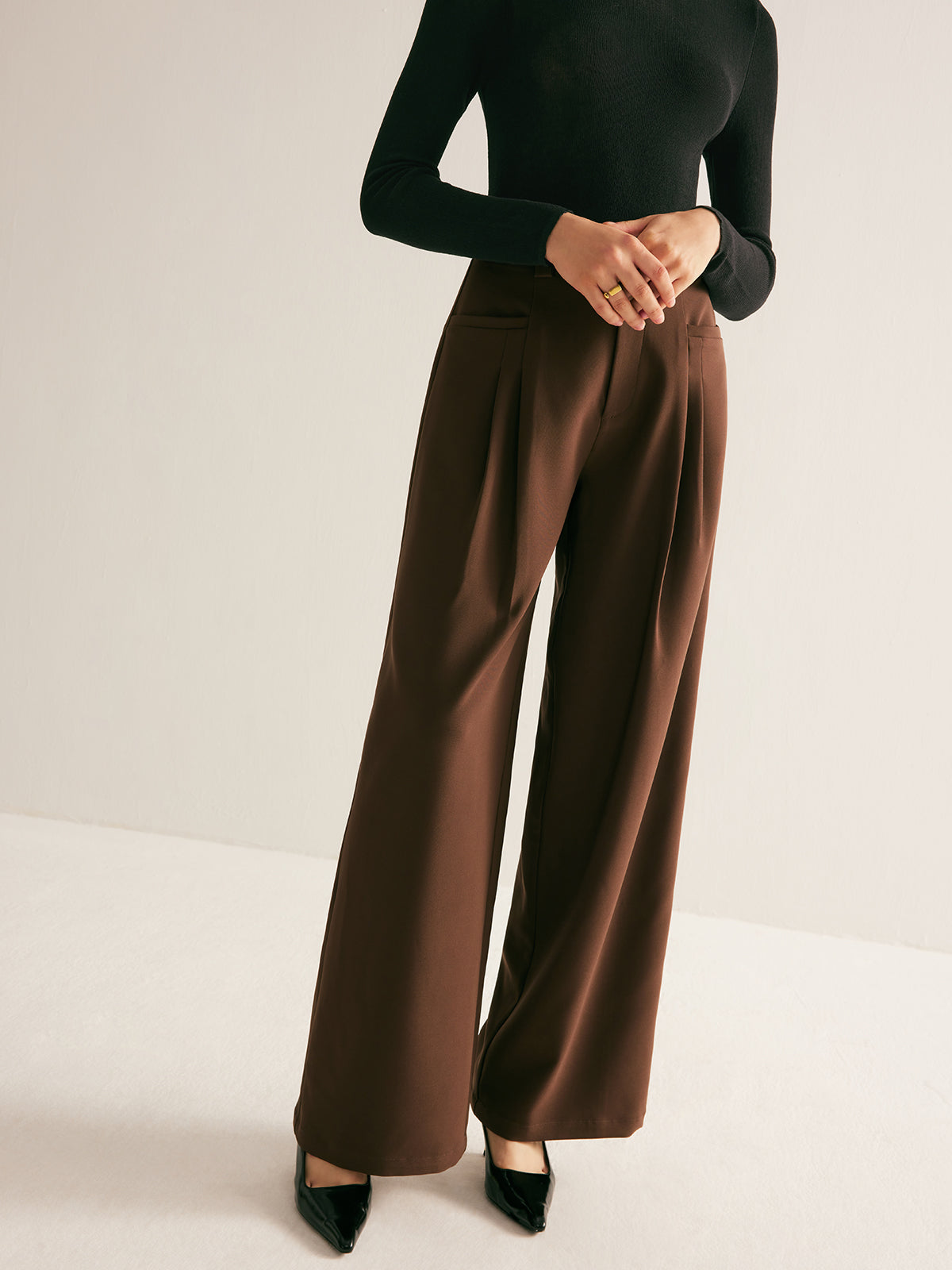 Casual Pleated Mid Waist Pants-Chicvia