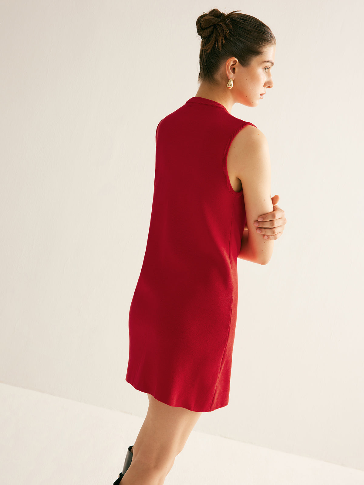 Plain Button Down Sleeveless Sweater Dress-Chicvia