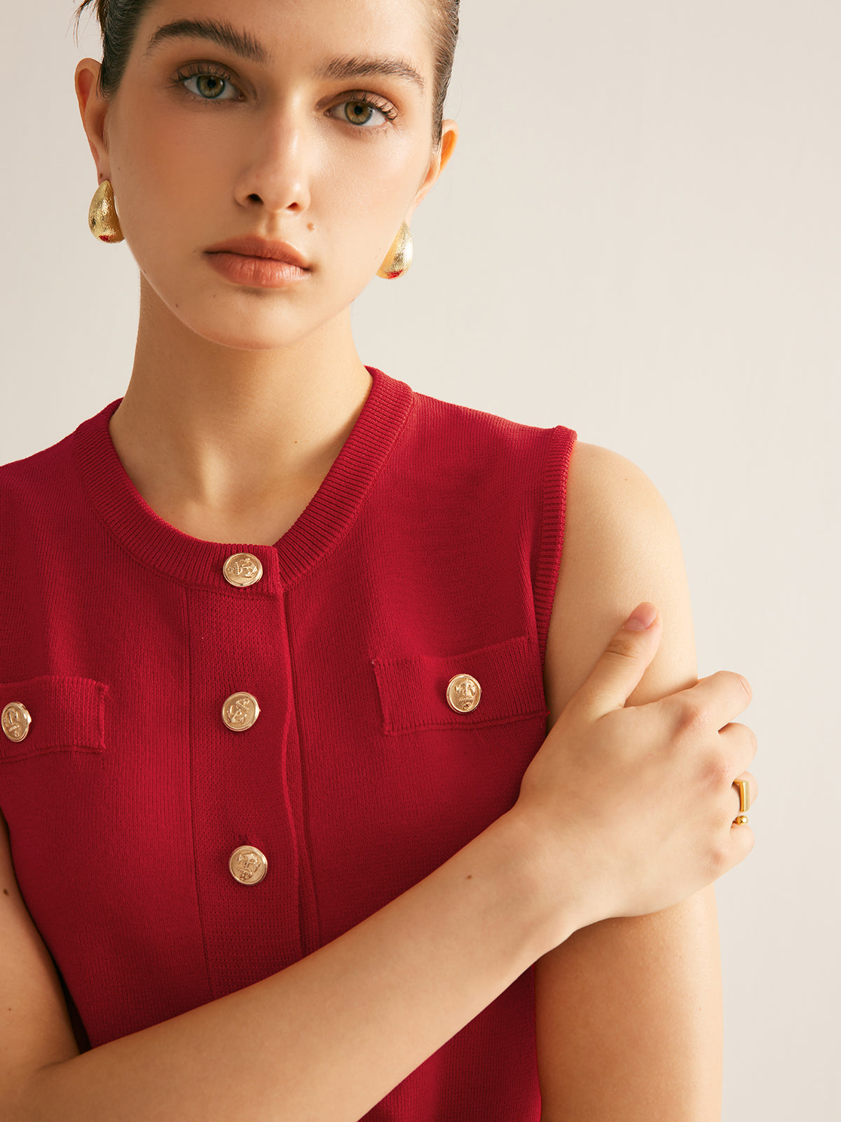 Plain Button Down Sleeveless Sweater Dress-Chicvia