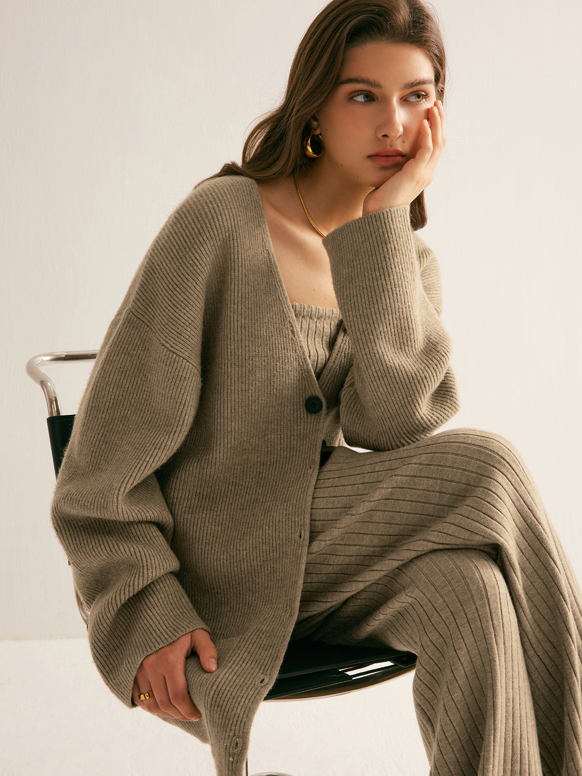 Ribbed Loose Knit Outerwear-Chicvia
