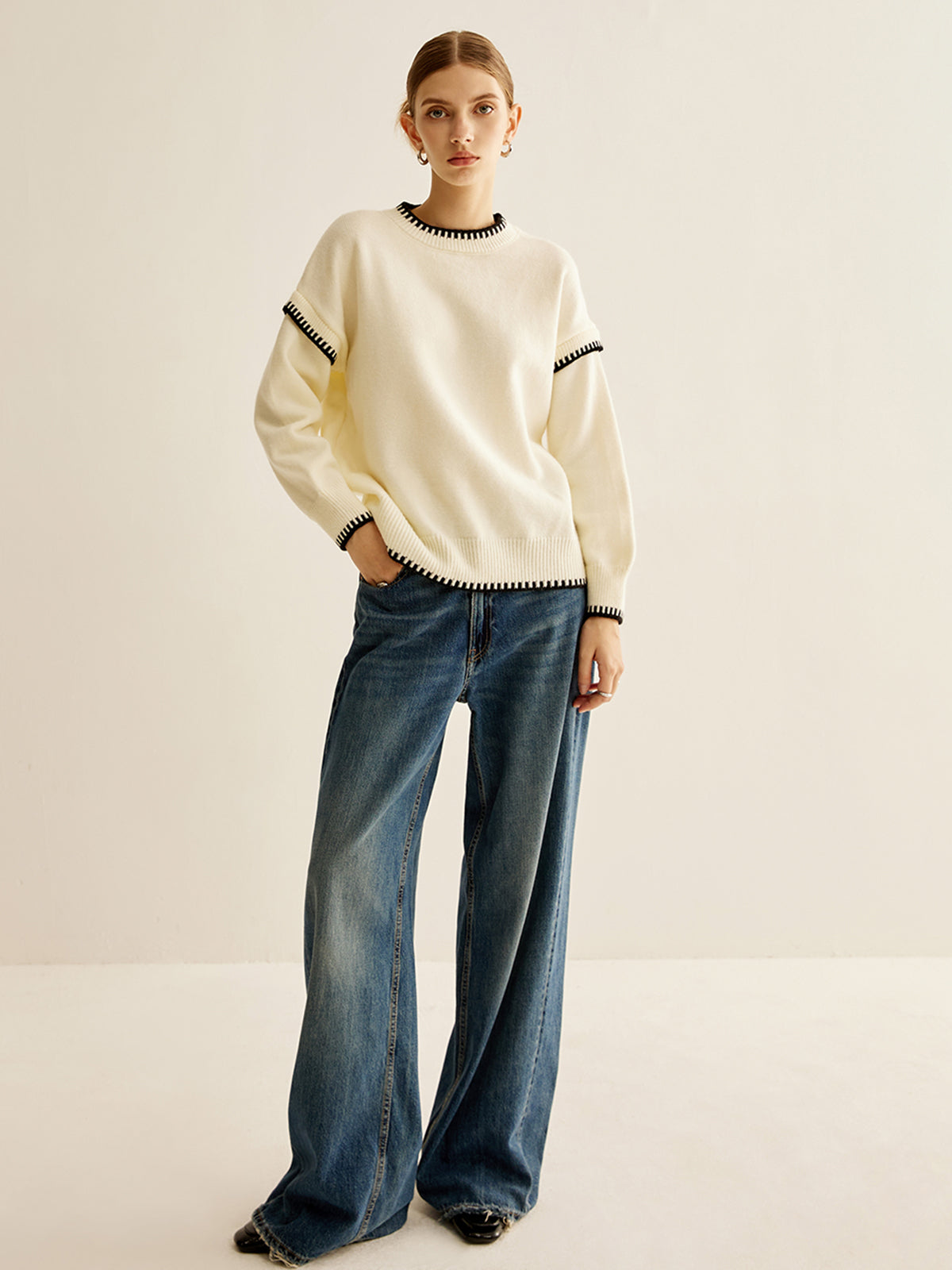 Embroidered Trim Pullover Sweater-Chicvia