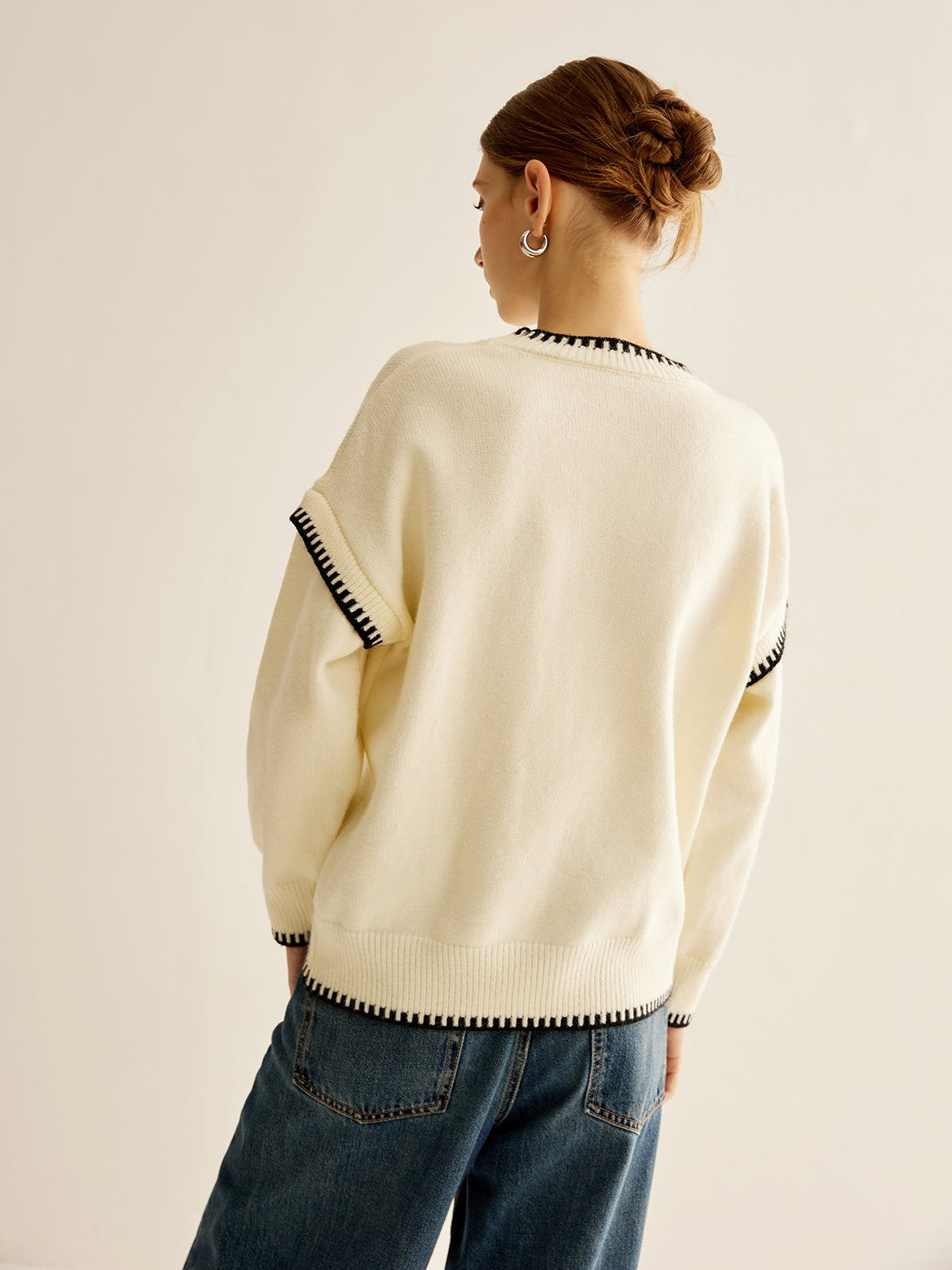 Embroidered Trim Pullover Sweater-Chicvia
