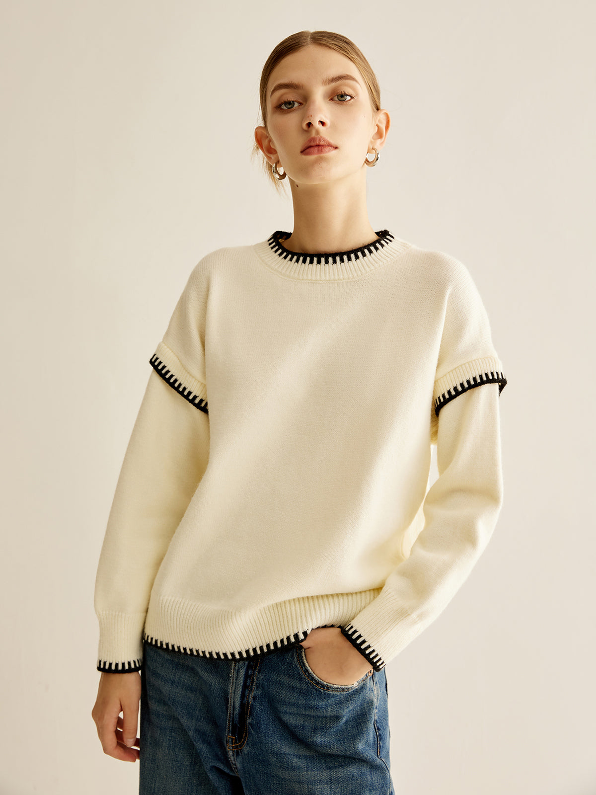 Embroidered Trim Pullover Sweater-Chicvia