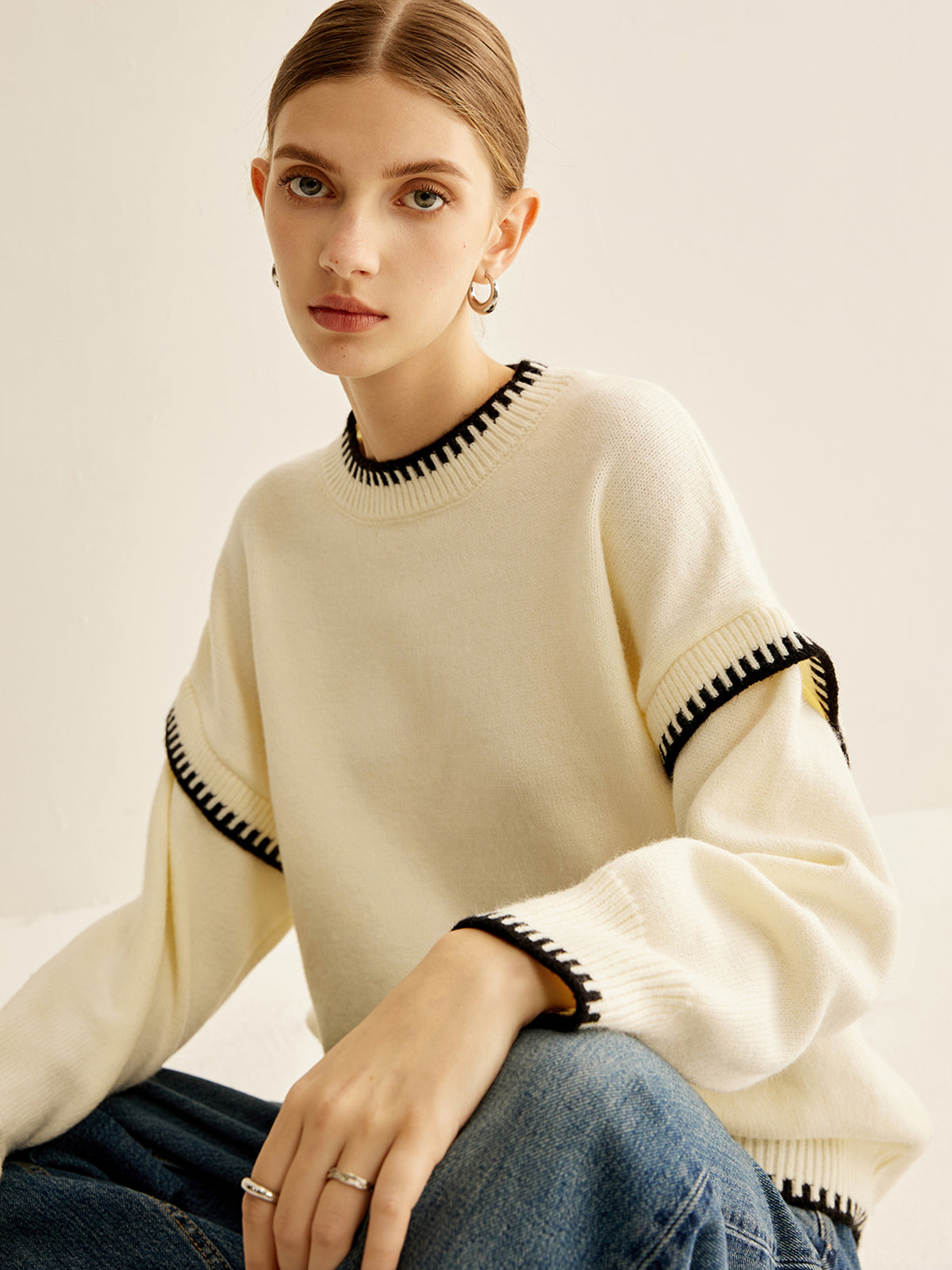 Embroidered Trim Pullover Sweater-Chicvia