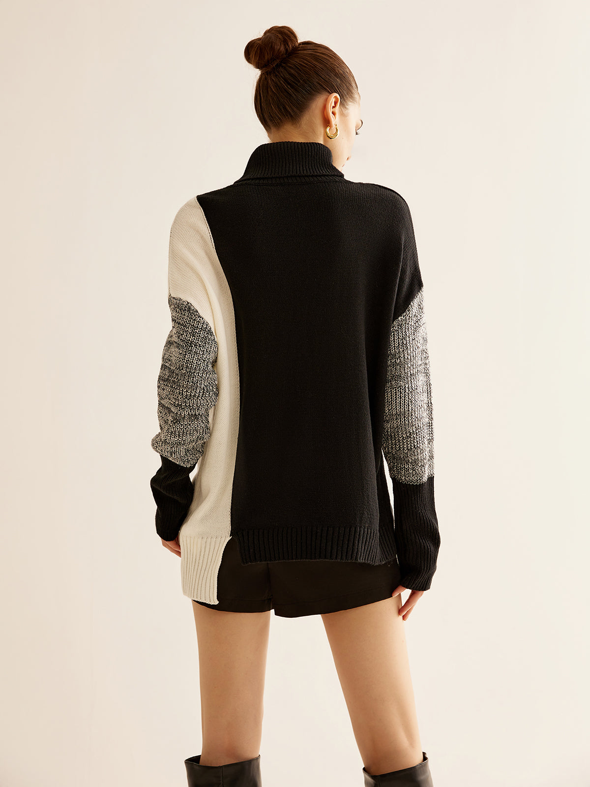 Oversized Turtleneck Color Block Knit Top-Chicvia