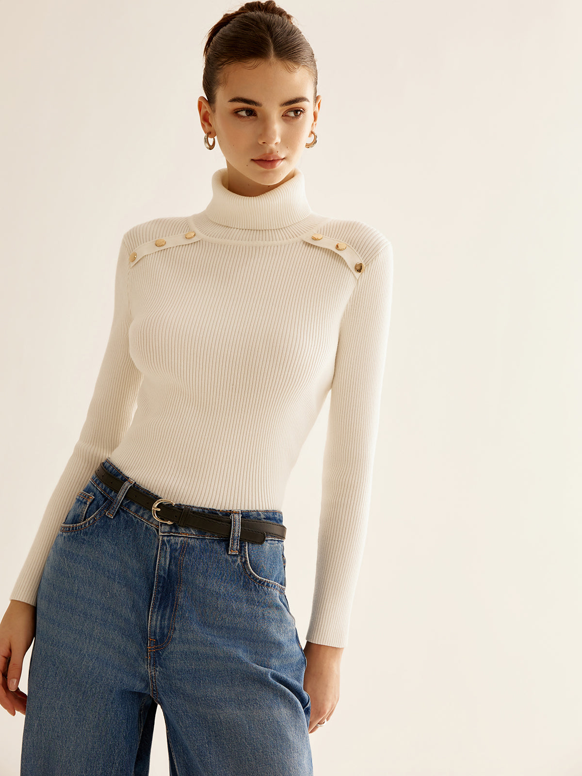 Ribbed Turtleneck Slim Sweater-Chicvia