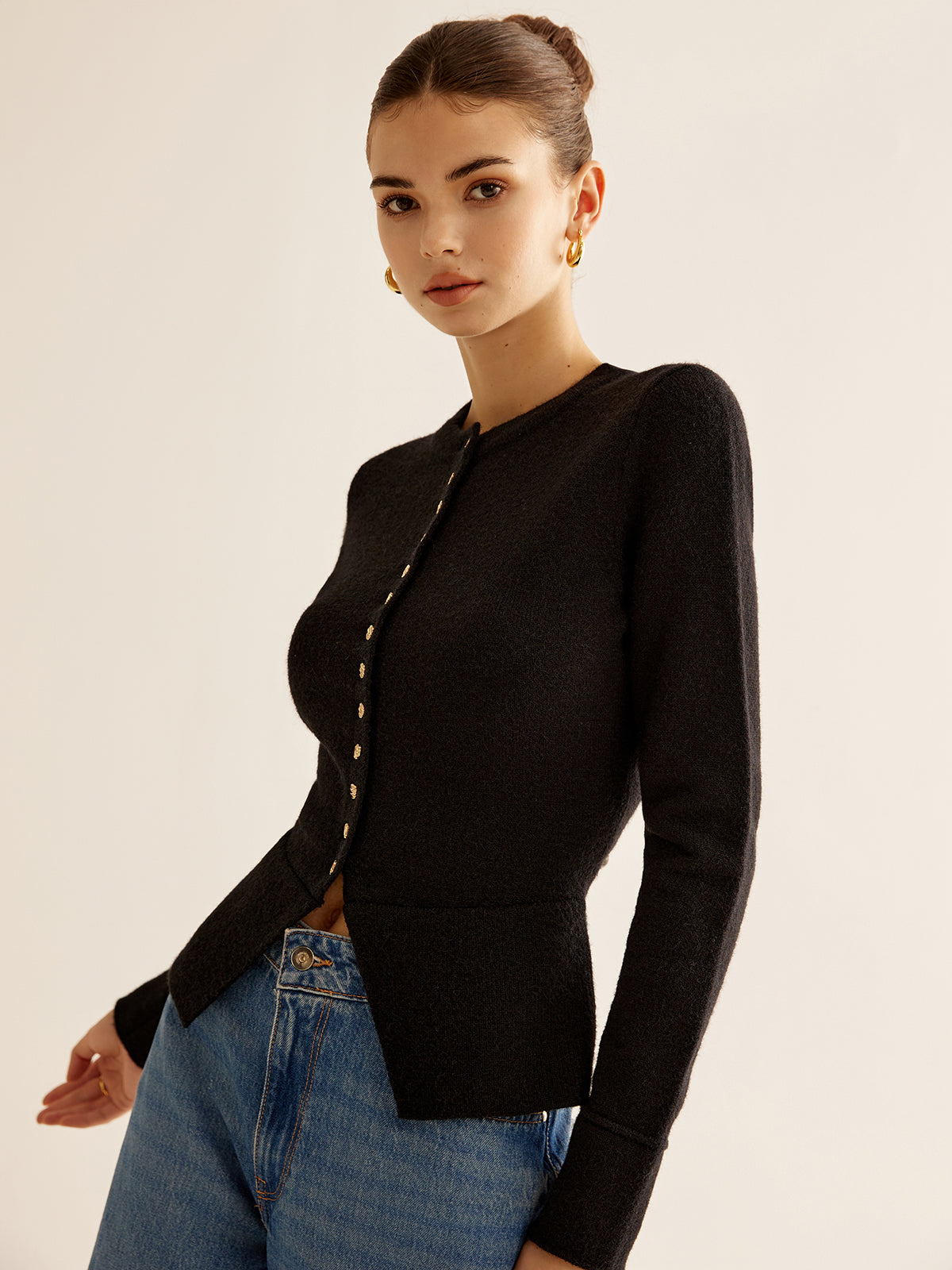 Button Down Slit Slim Cardigan-Chicvia