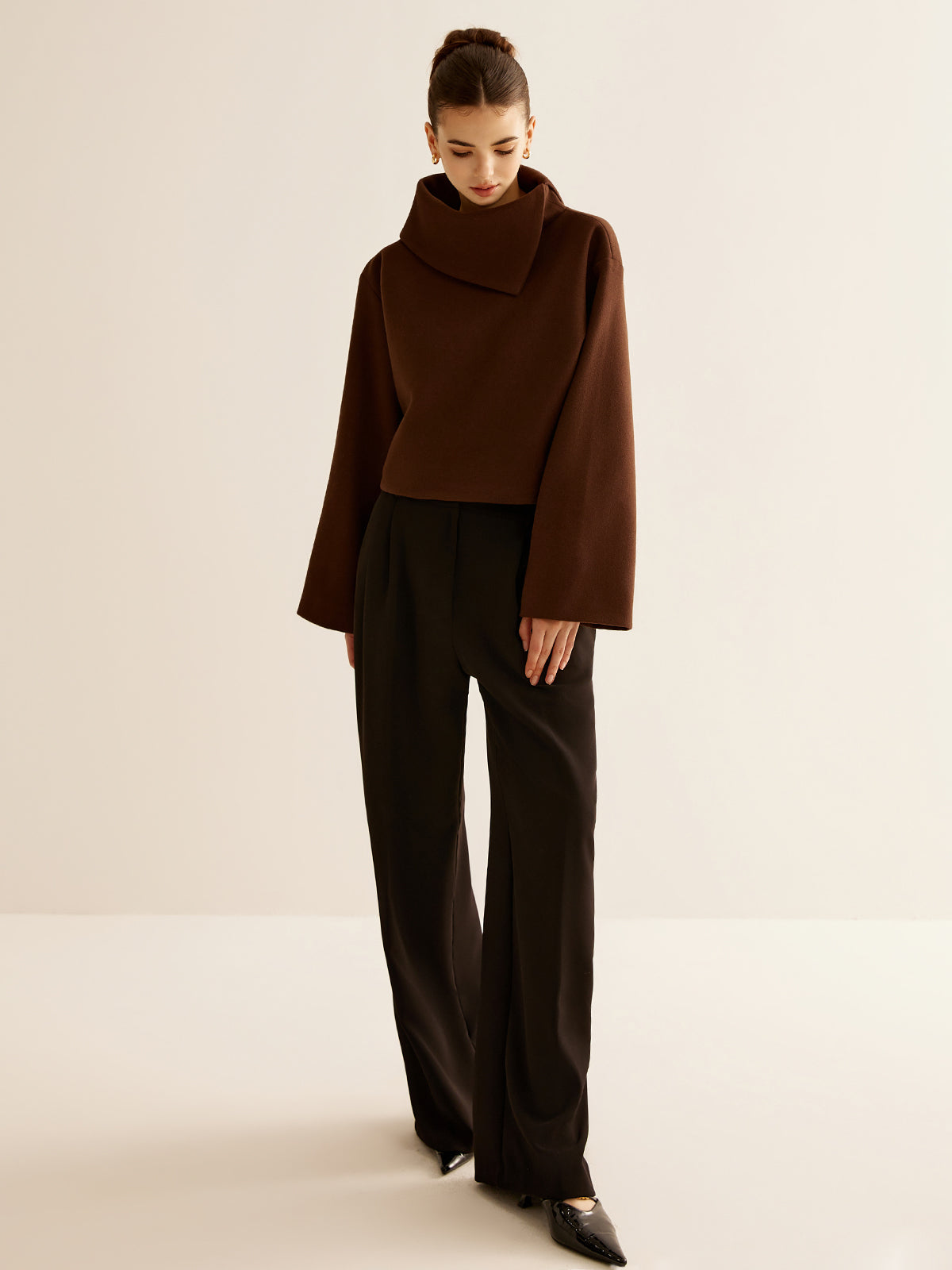 Plain Turtleneck Tweed Top-Chicvia