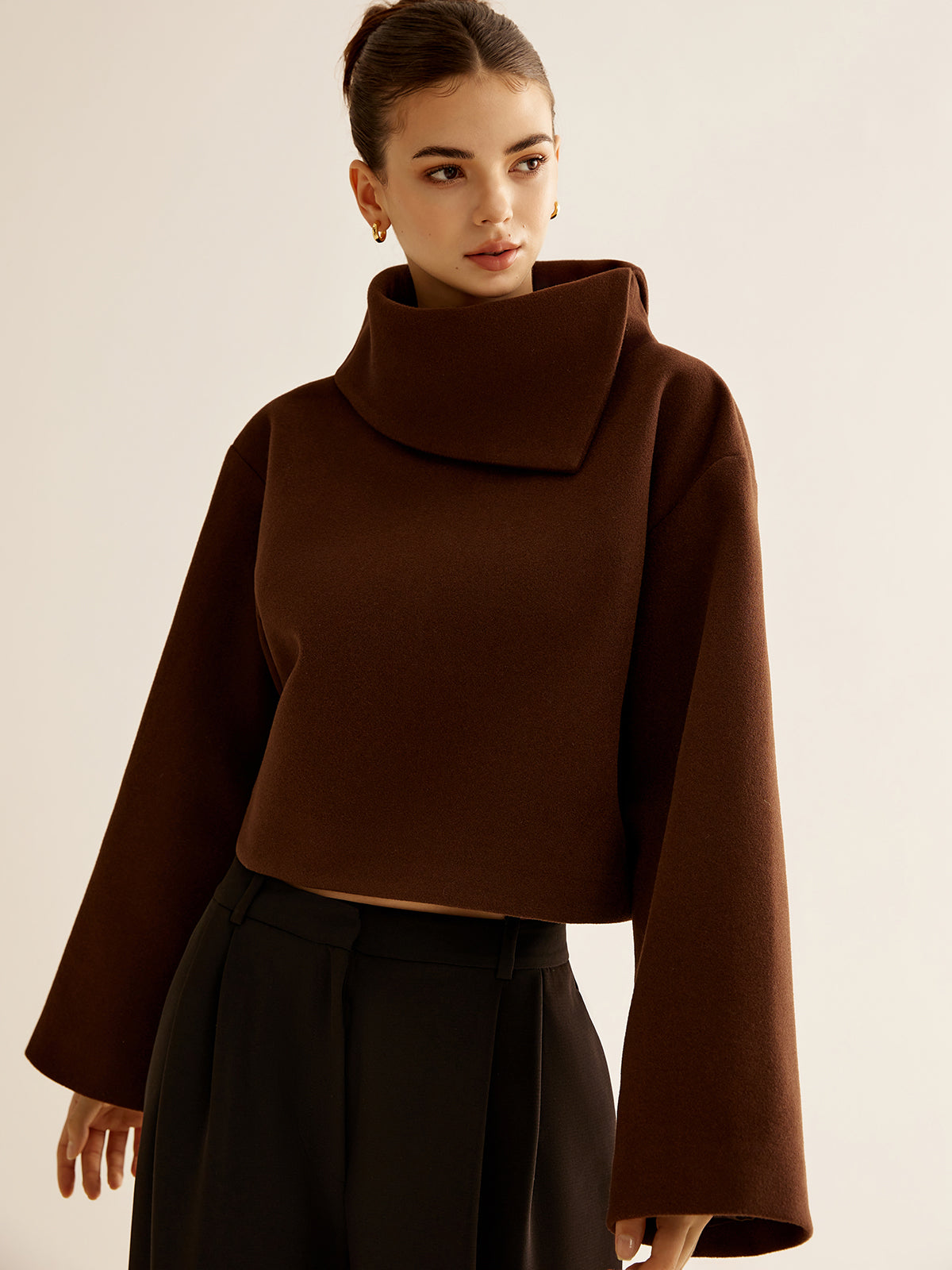 Plain Turtleneck Tweed Top-Chicvia