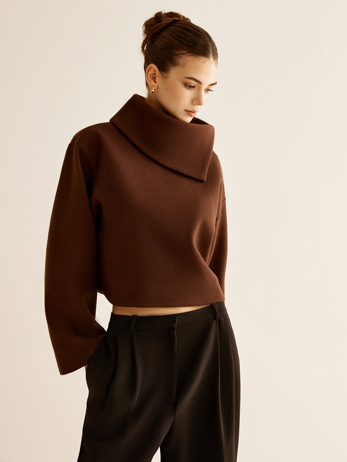 Plain Turtleneck Tweed Top-Chicvia