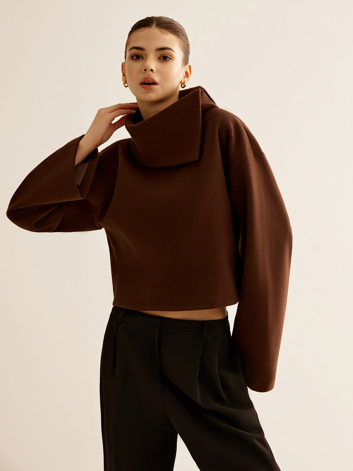 Plain Turtleneck Tweed Top-Chicvia