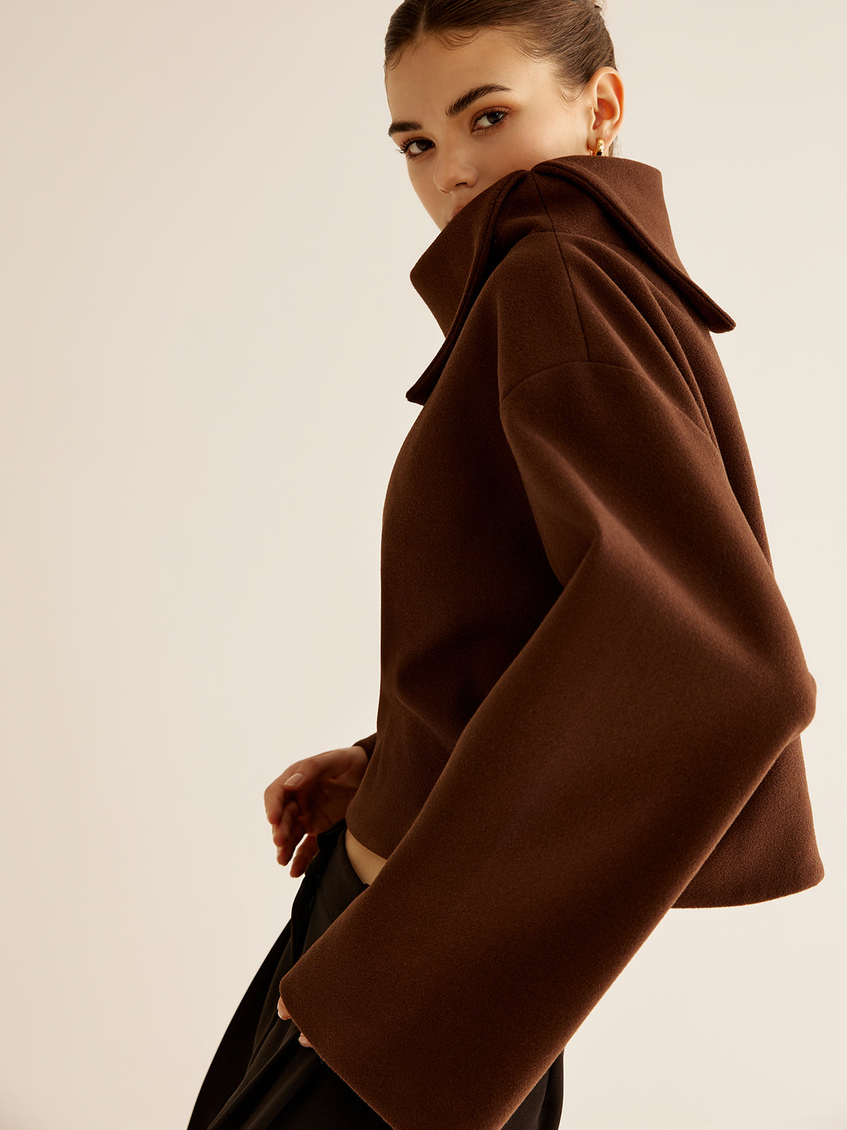 Plain Turtleneck Tweed Top-Chicvia