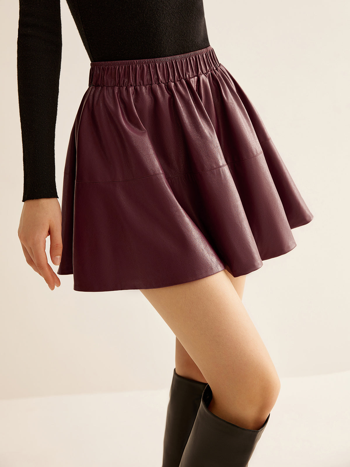 Elastic Waist Pleated PU Leather Skirt-Chicvia