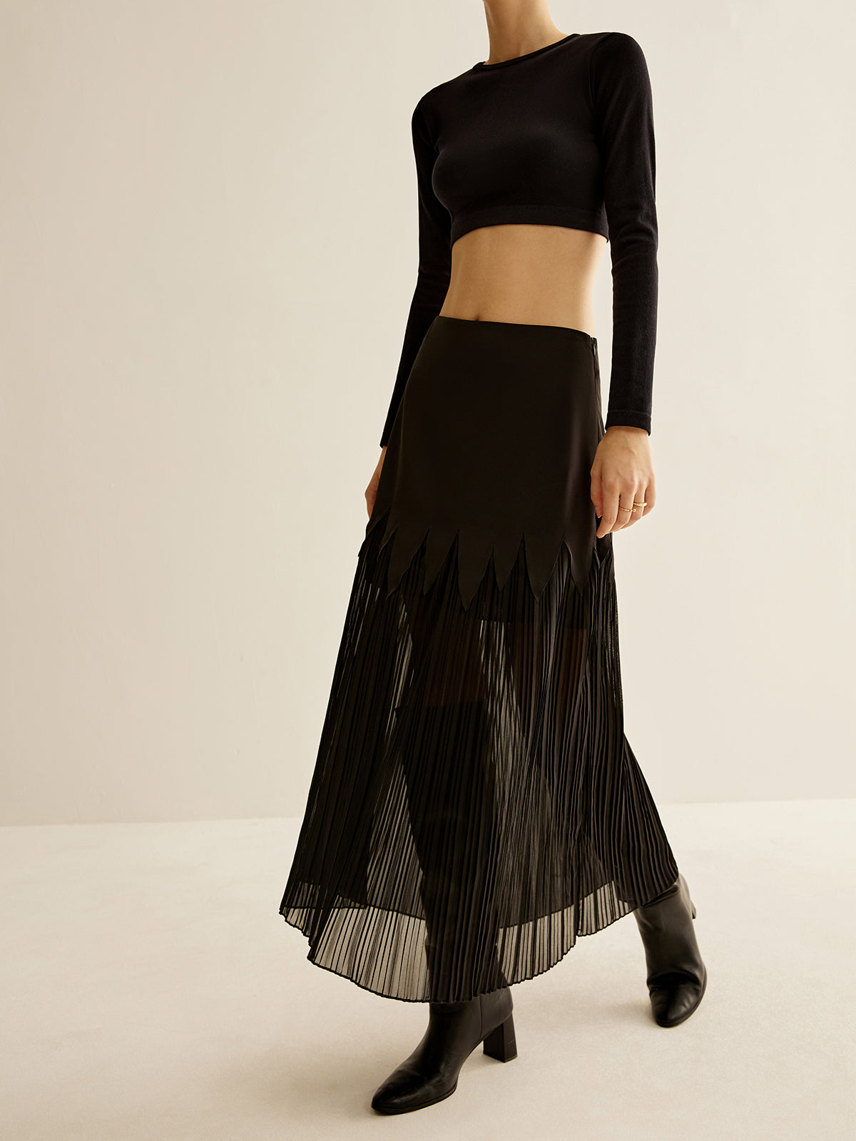 Panel Sheer Zipper Midi Skirt-Chicvia