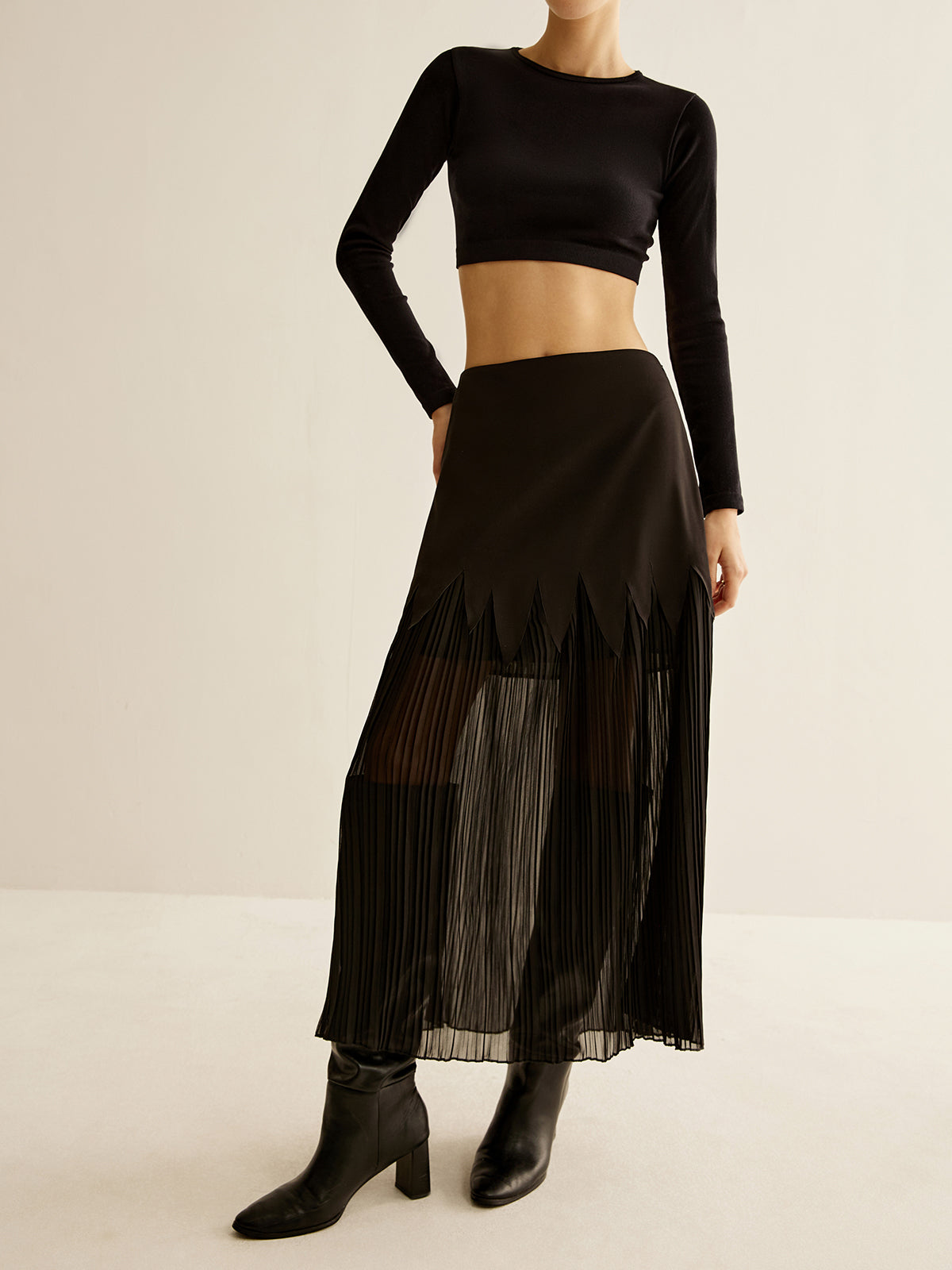 Panel Sheer Zipper Midi Skirt-Chicvia