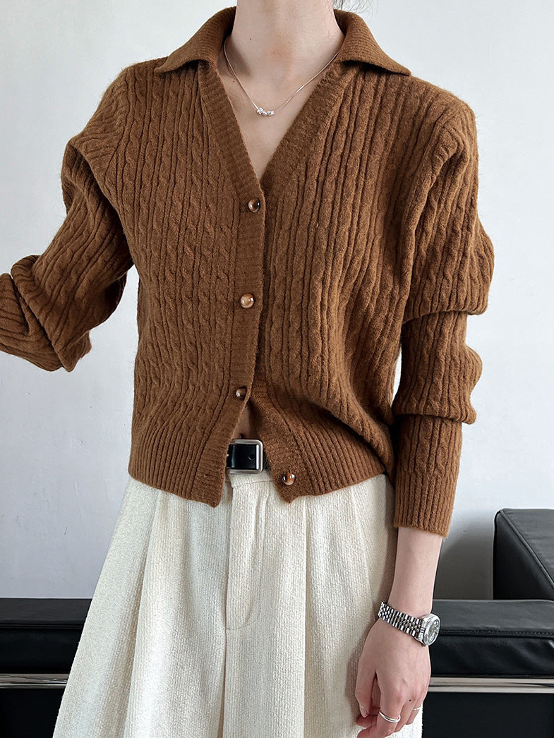 Lapel Button Short Cardigan-Chicvia