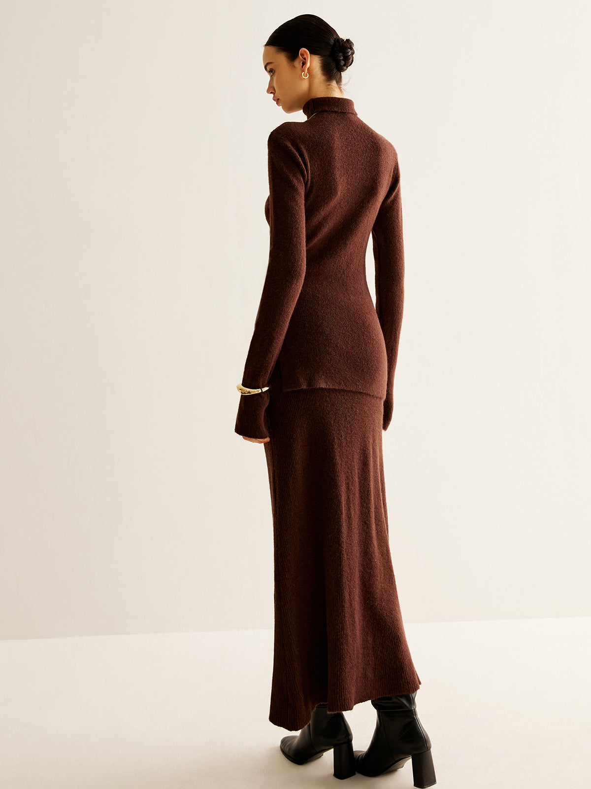 Plain Turtleneck Ribbed Soft Skirt Set-Chicvia