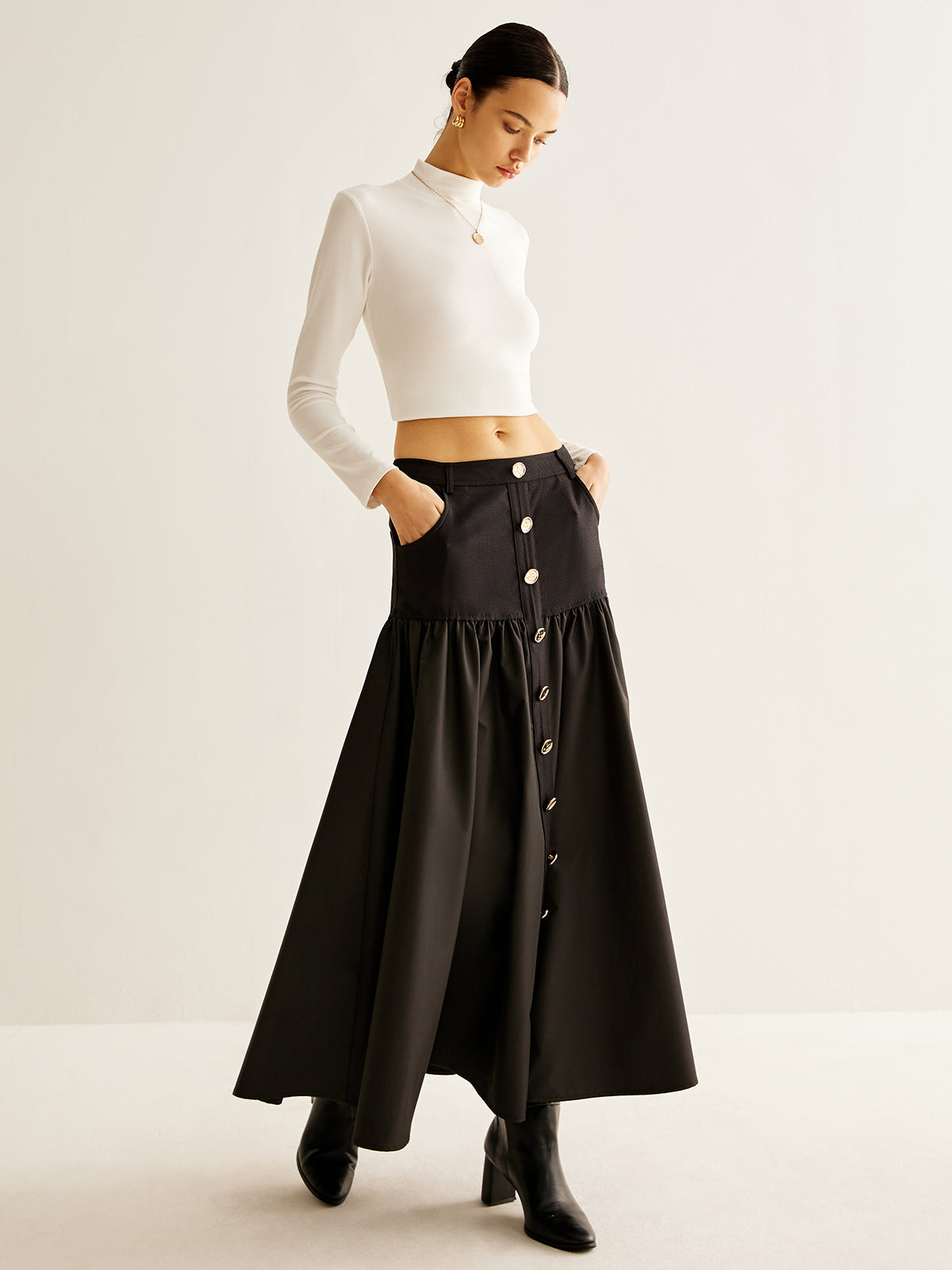 Panel Pockets Umbrella Skirt-Chicvia