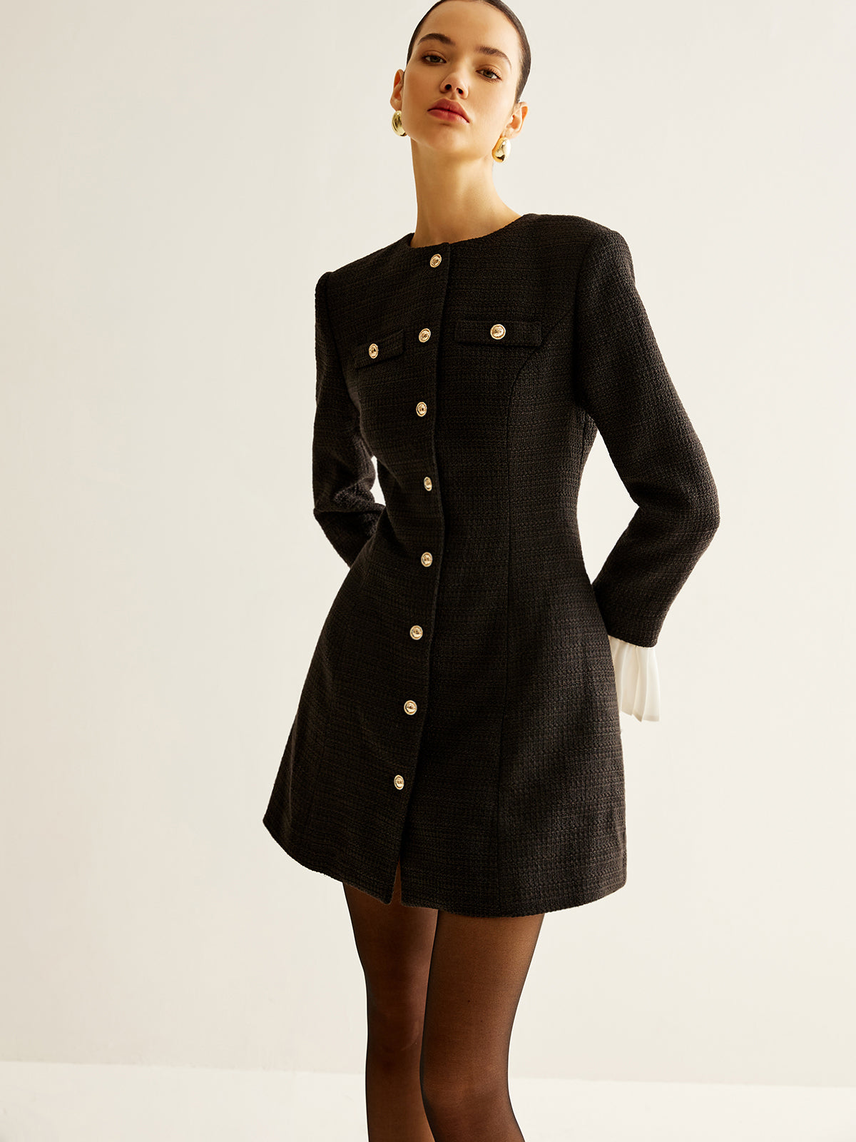 Pleated-Cuff Tweed Breasted Dress-Chicvia