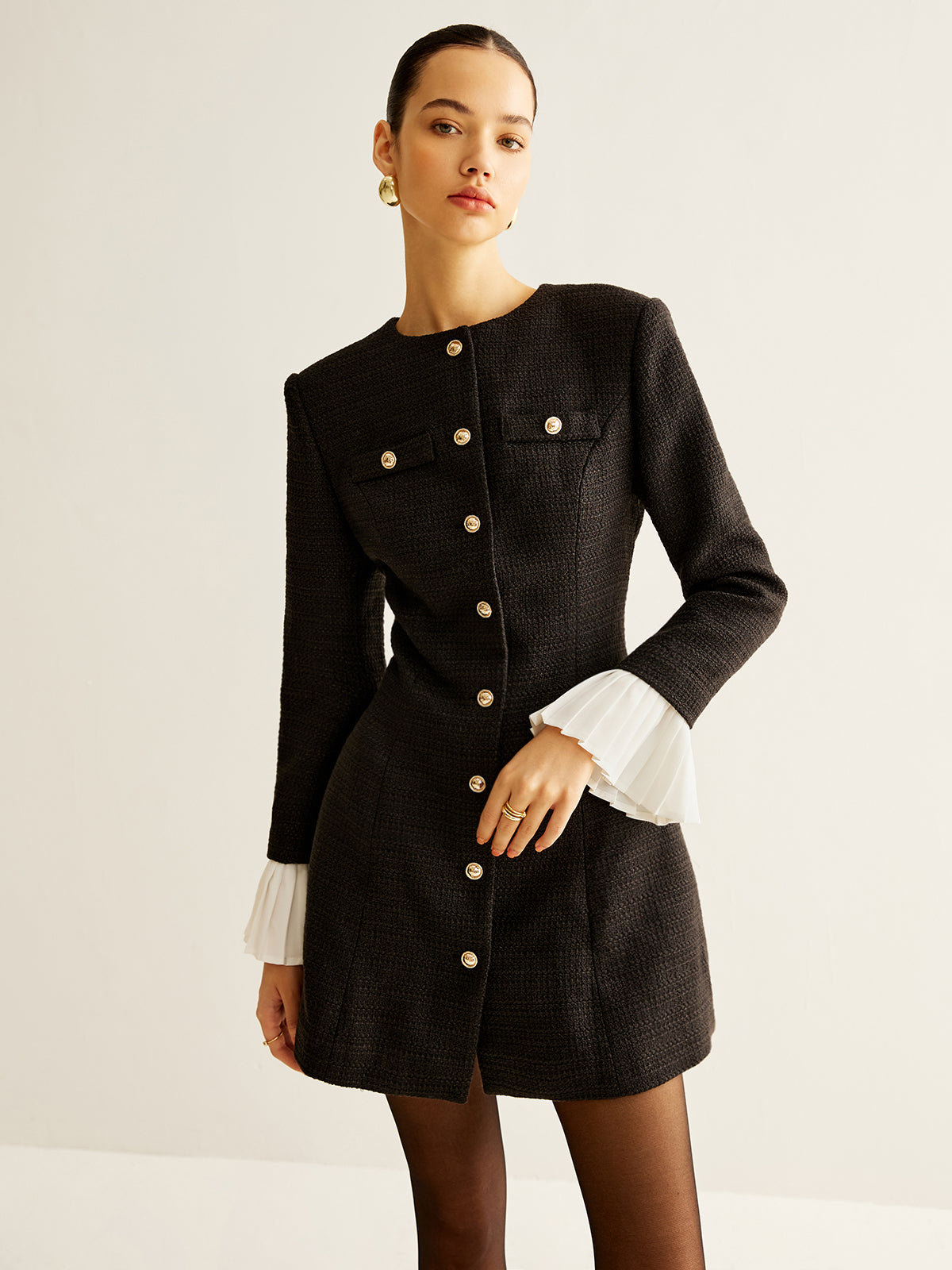 Pleated-Cuff Tweed Breasted Dress-Chicvia