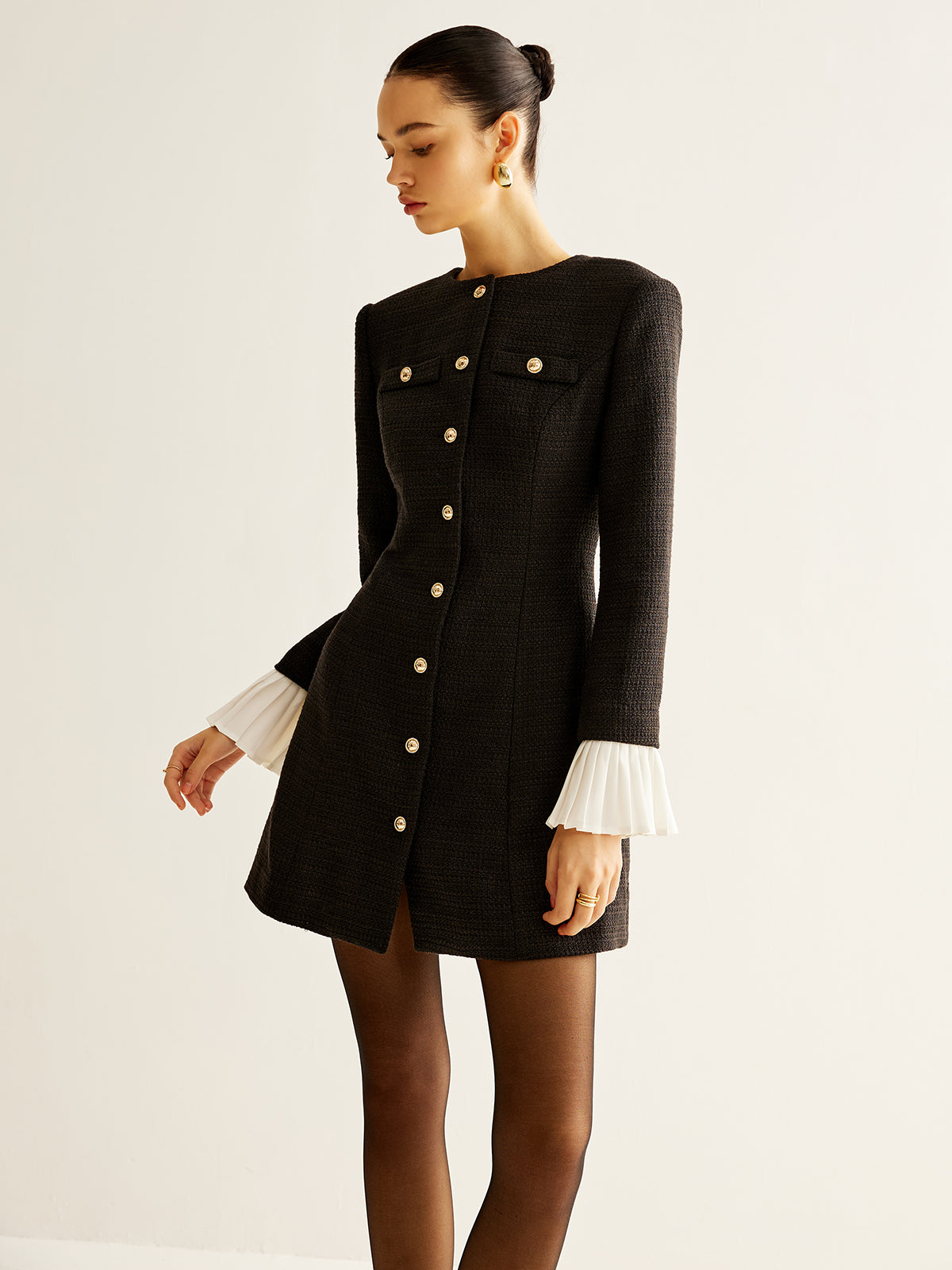 Pleated-Cuff Tweed Breasted Dress-Chicvia