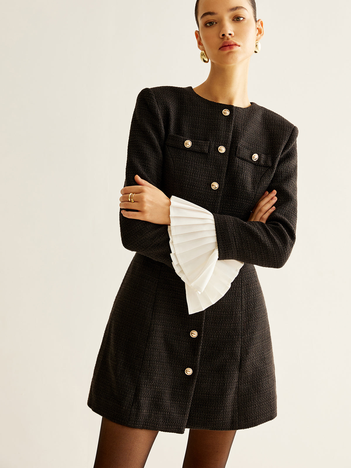 Pleated-Cuff Tweed Breasted Dress-Chicvia