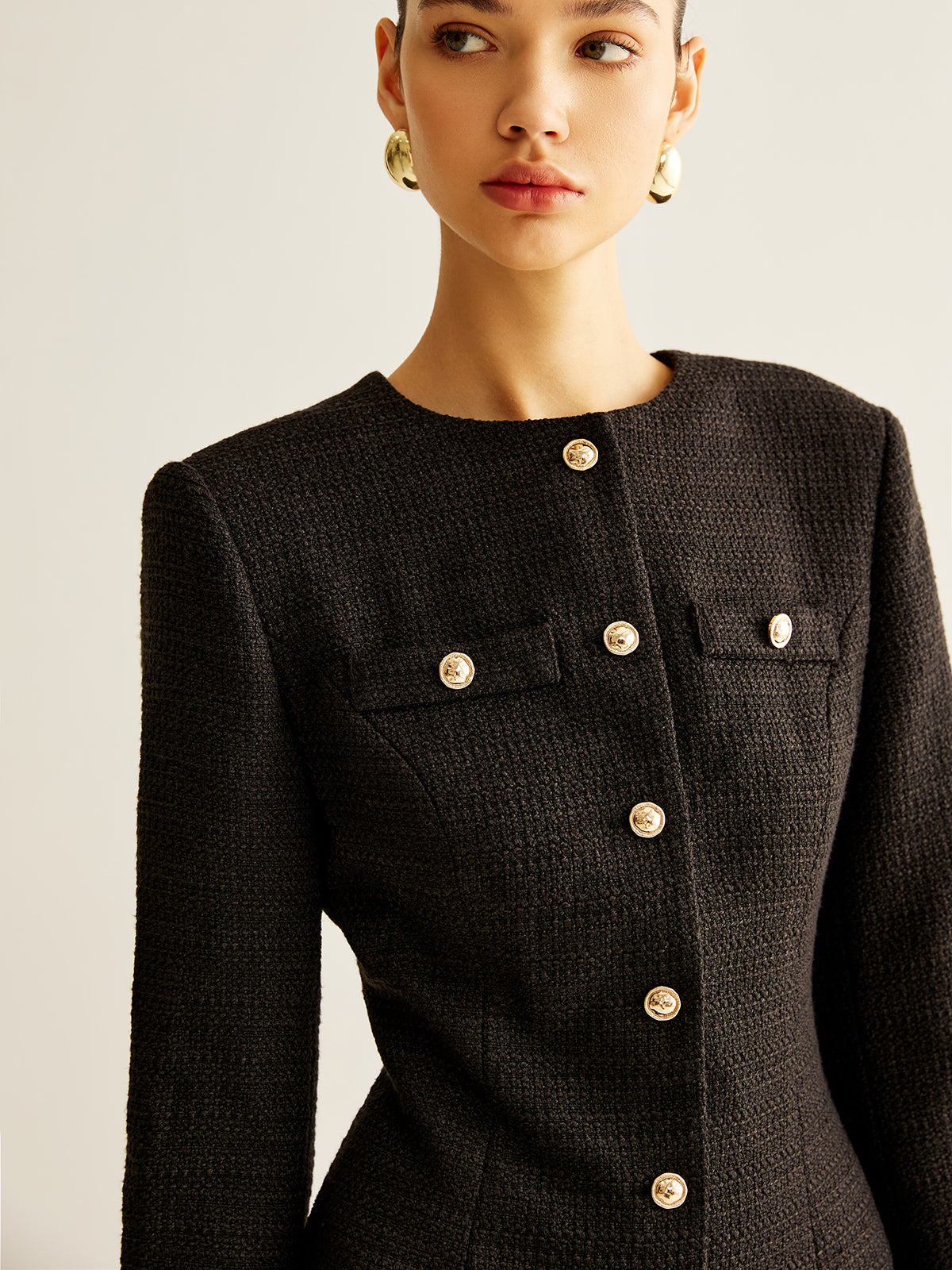 Pleated-Cuff Tweed Breasted Dress-Chicvia