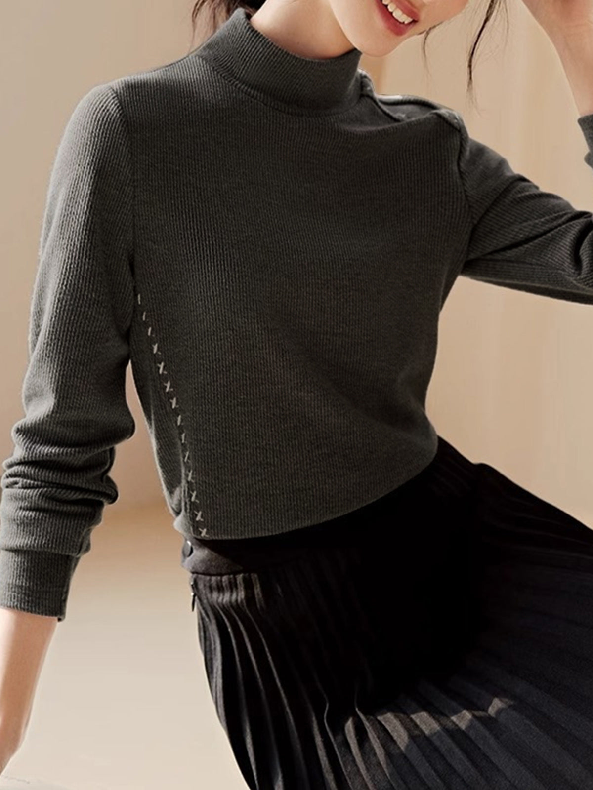 Mock Neck Ribbed Embroidered Trim T-Shirt-Chicvia