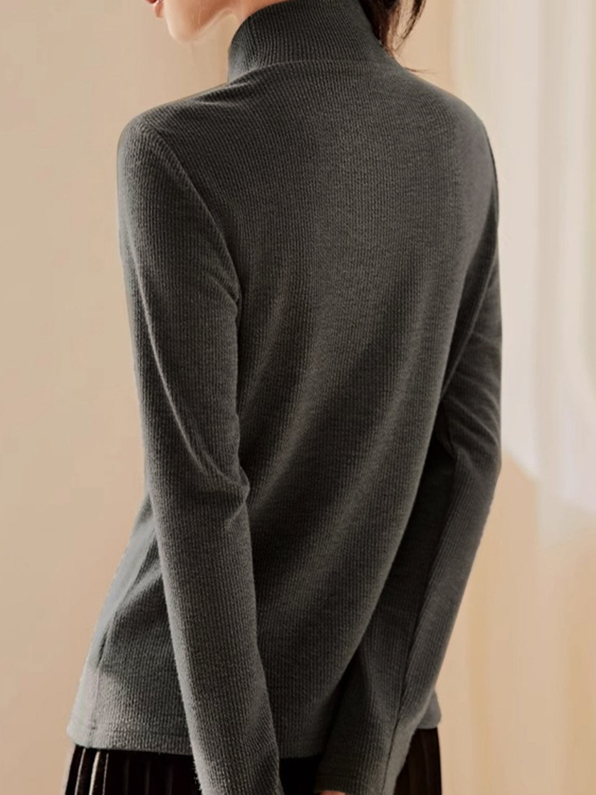 Mock Neck Ribbed Embroidered Trim T-Shirt-Chicvia