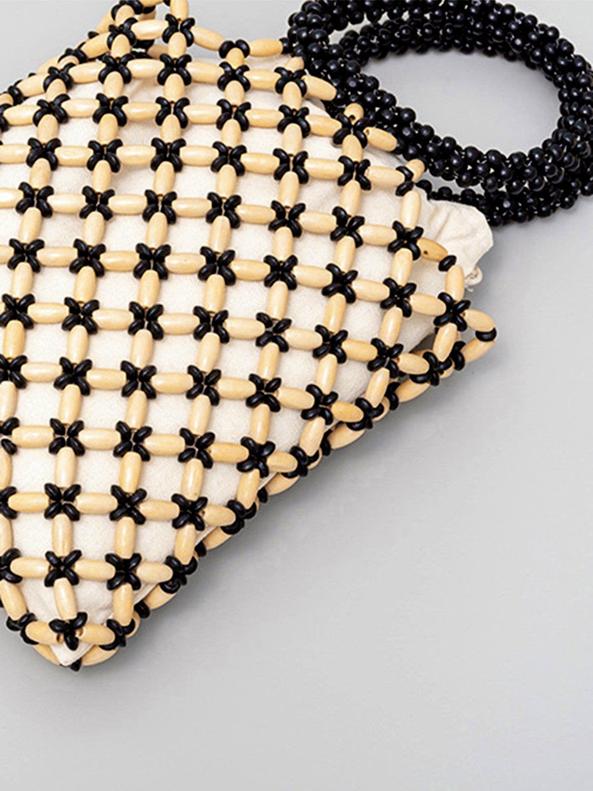 Contrast Binding Wood-Bead Woven Handbag-Chicvia