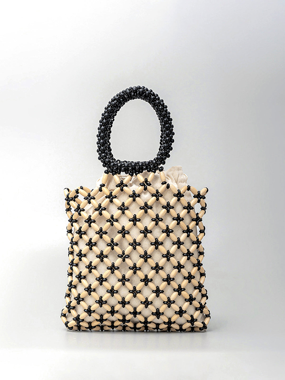 Contrast Binding Wood-Bead Woven Handbag-Chicvia
