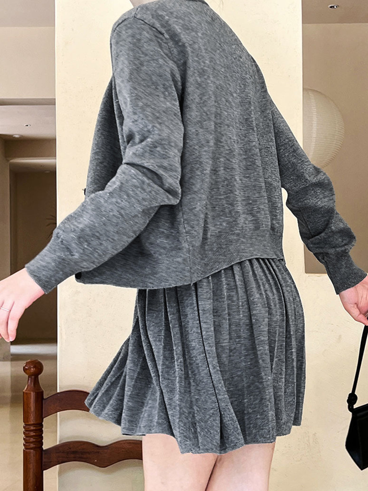 Crew Neck Pleated Belted Skirt Set-Chicvia