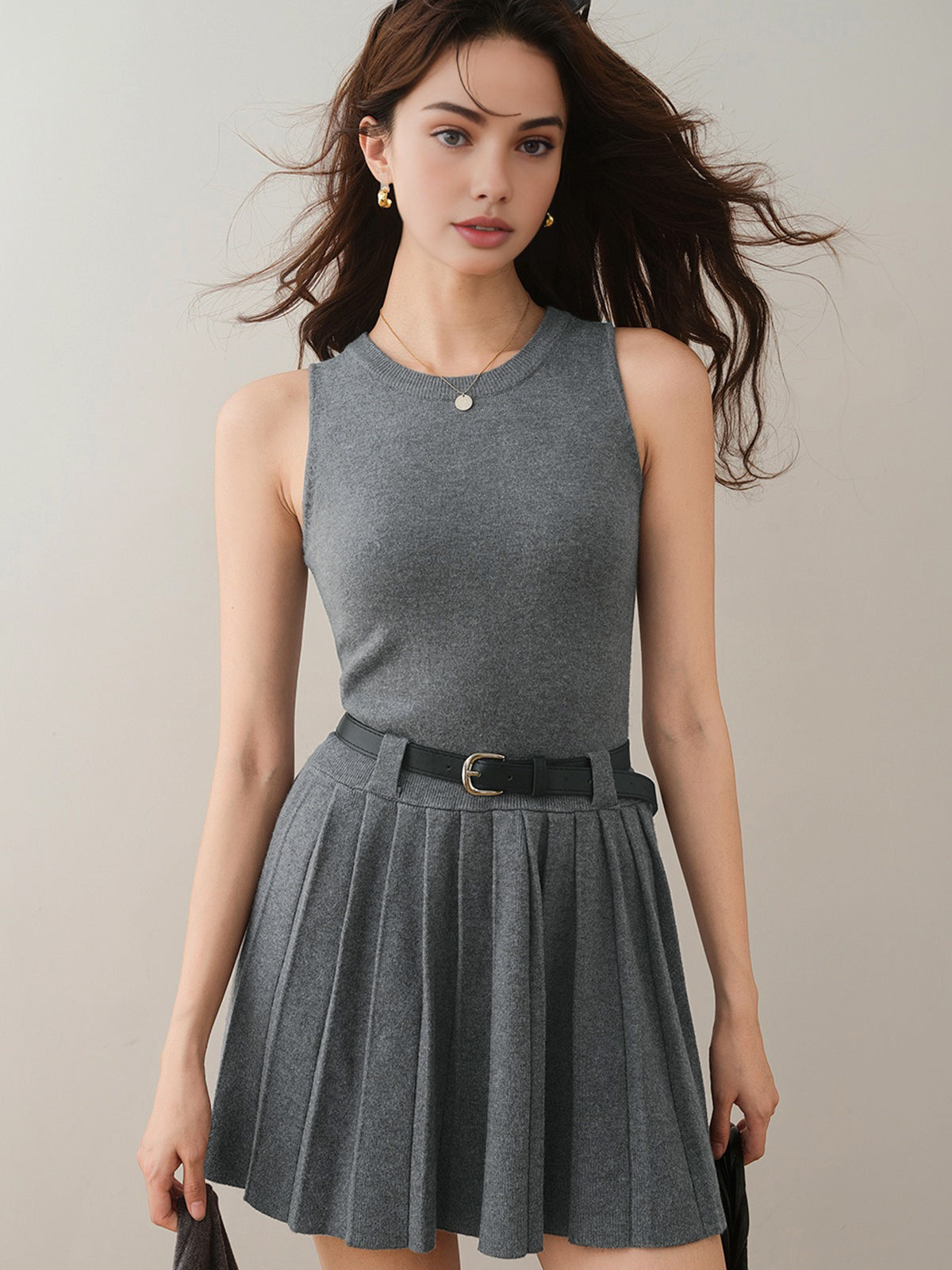 Crew Neck Pleated Belted Skirt Set-Chicvia