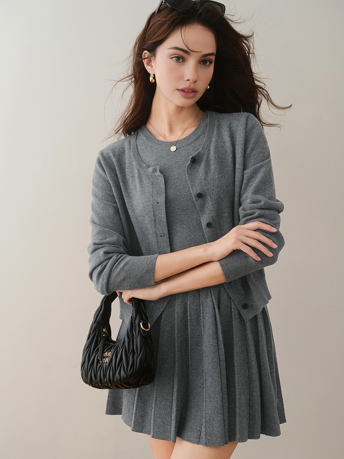 Crew Neck Pleated Belted Skirt Set-Chicvia