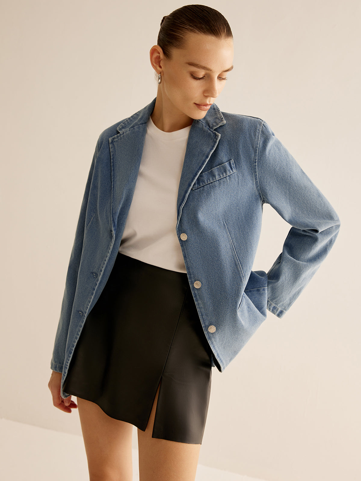 Minimalist Washed Denim Jacket-Chicvia