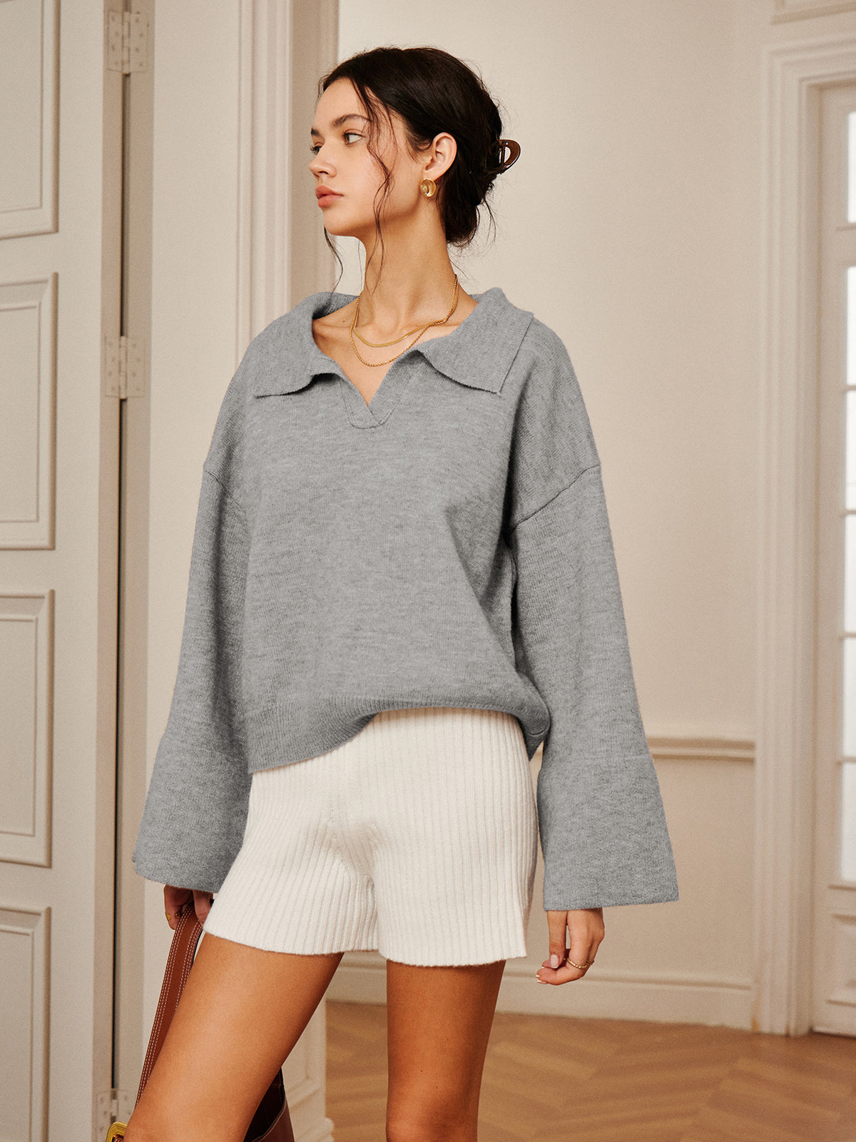 Polo Collar Pullover Knit Top-Chicvia