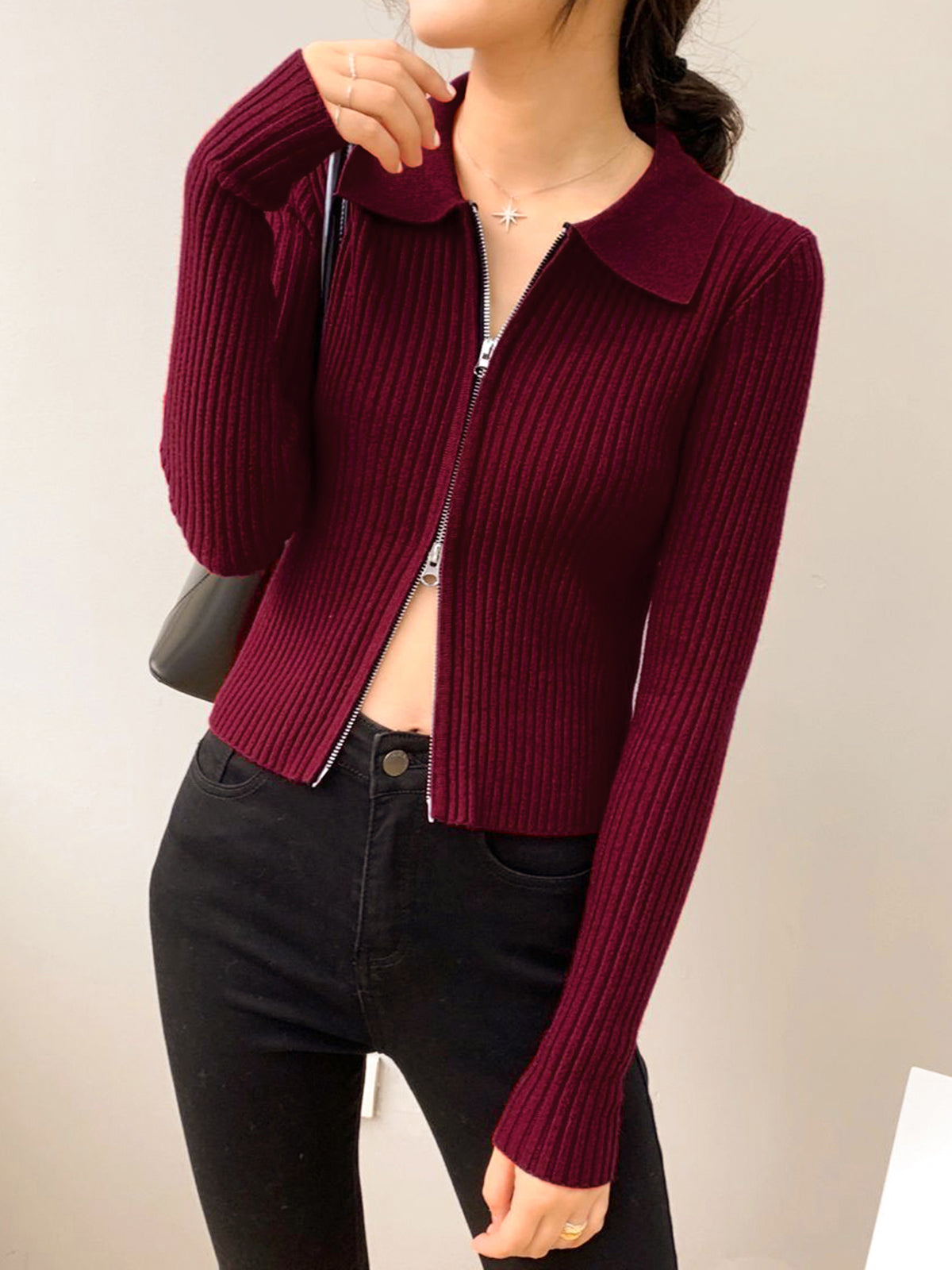 Double-Zip Ribbed Petite Sweater-Chicvia