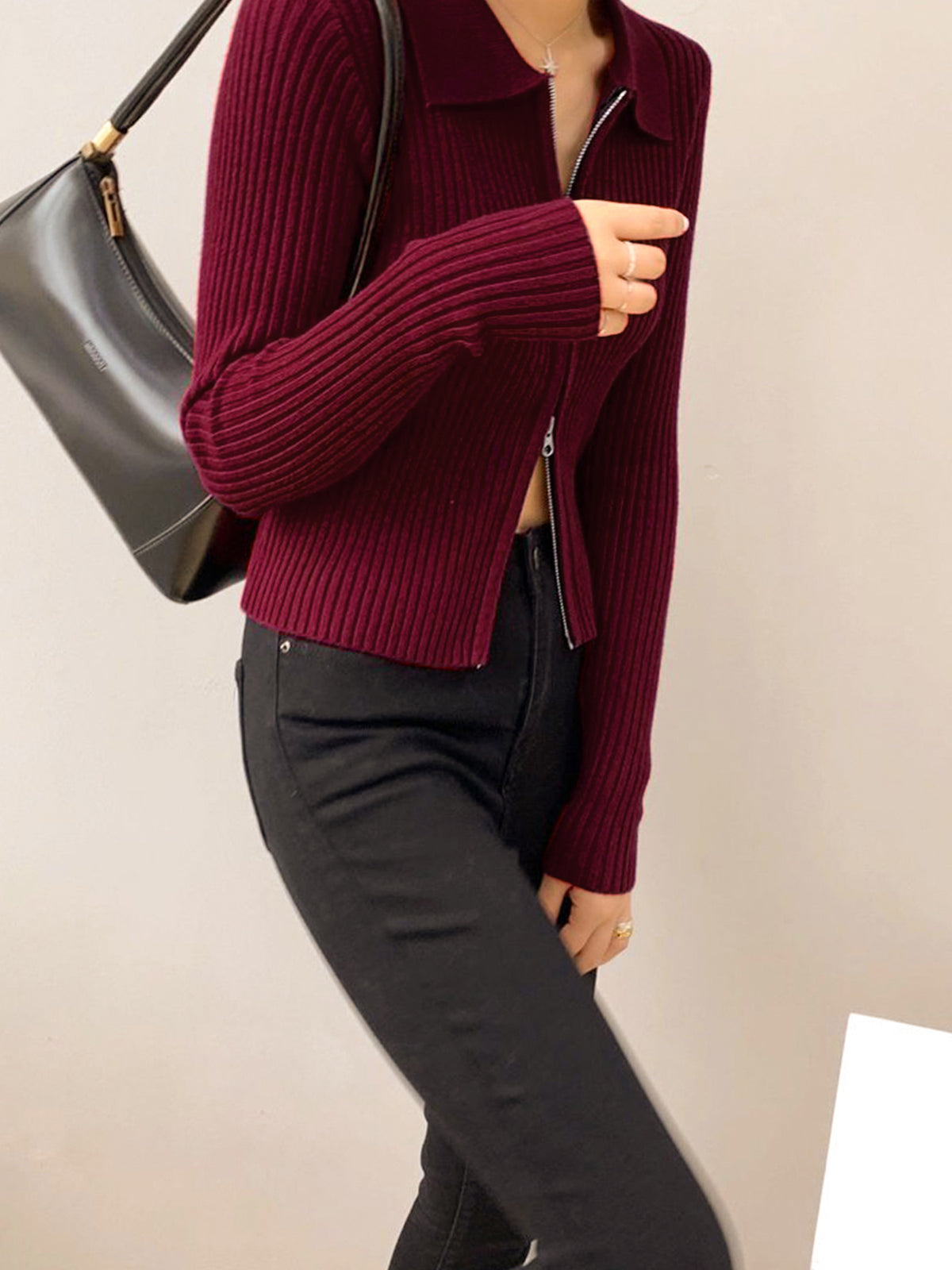 Double-Zip Ribbed Petite Sweater-Chicvia