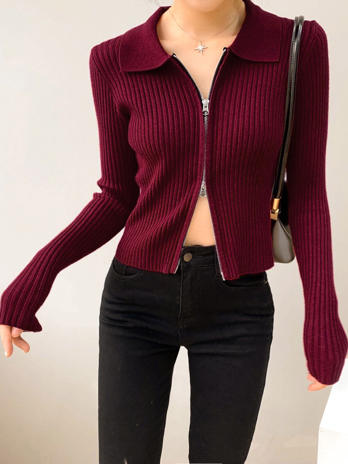 Double-Zip Ribbed Petite Sweater-Chicvia