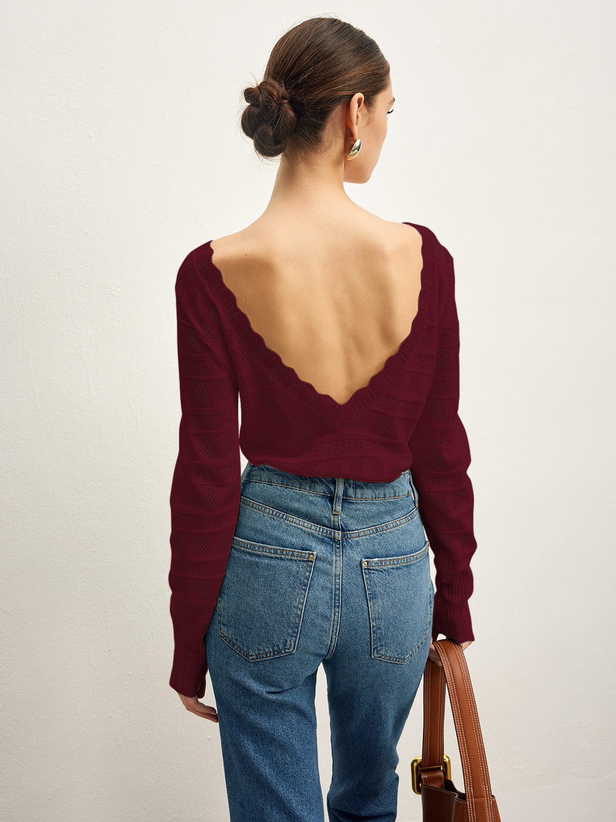 Lettuce Trim Backless Pointelle Knit Top-Chicvia